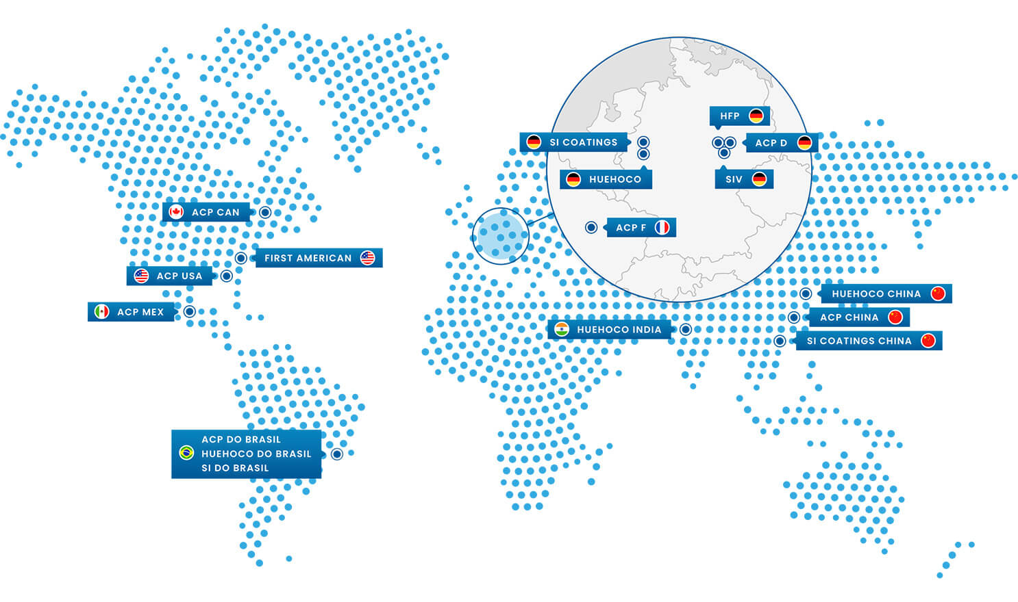 World map showing the locations of the HUEHOCO GROUP